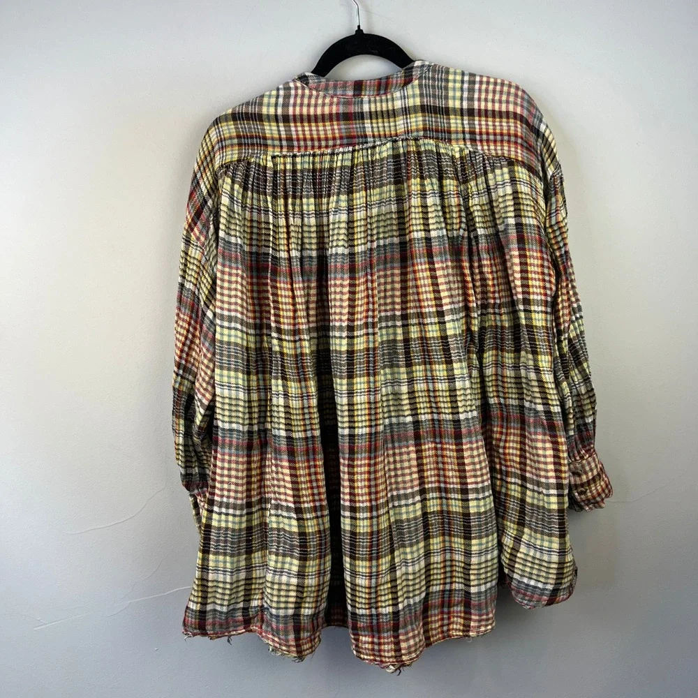 Free People Come On Over Plaid Button-down Swing Top Size XS‎ Oversized Raw Hem